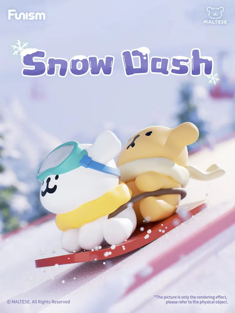 Snow Dash Maltese blind box collectible figures sledding down a snowy hill.