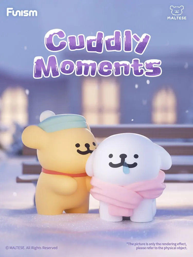 Maltese Cuddly Moments blind box figure with two characters hugging in the snow.