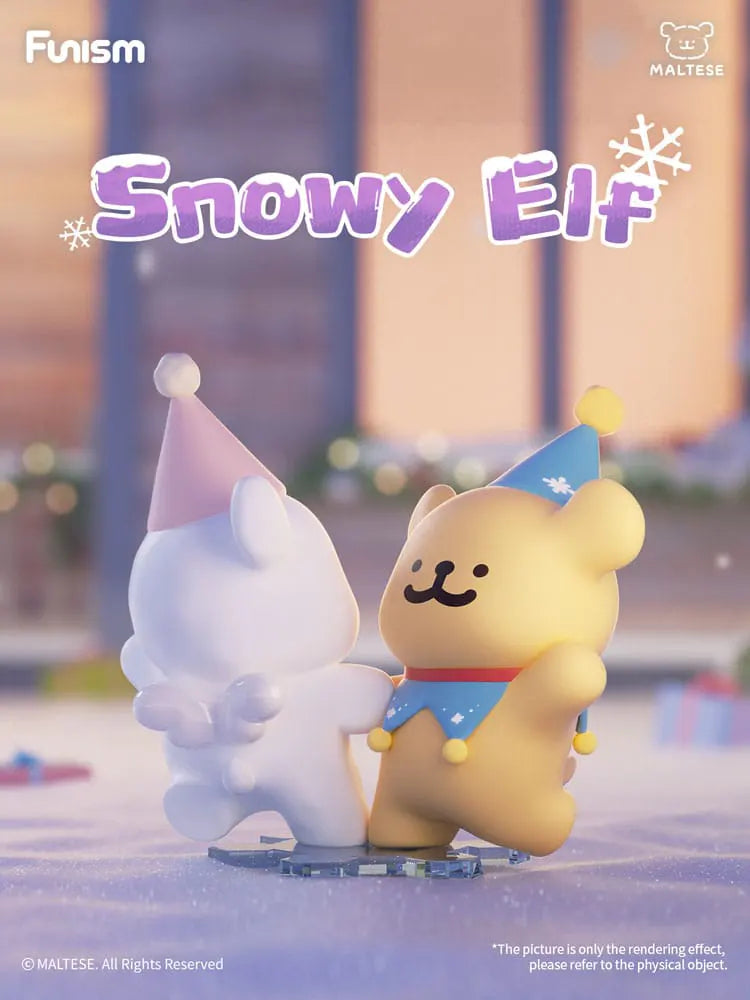 Snowy Elf Maltese blind box figure skating together in pastel winter colors.