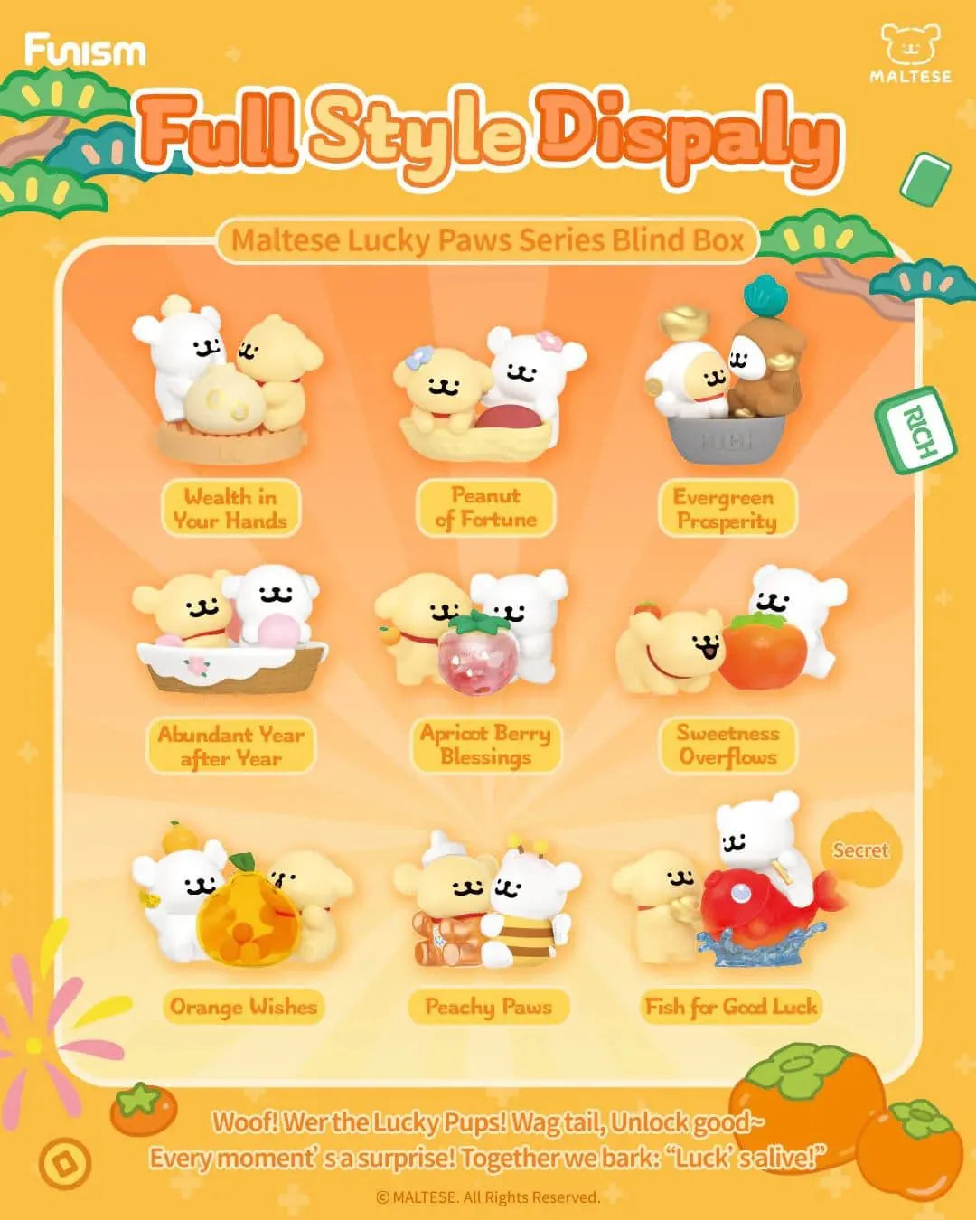 Official Maltese Lucky Paws Series Blind Box checklist showing all collectible figures and the secret chase.
