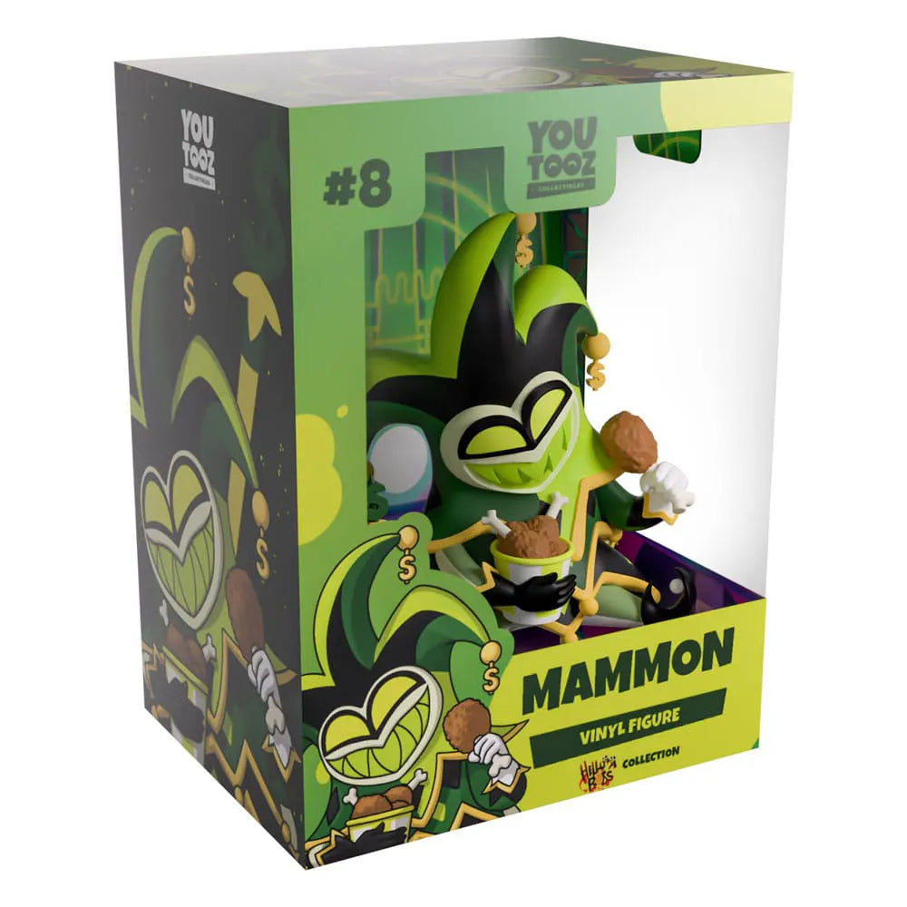 Mammon vinyl figure in full packaging, with detailed box art and Helluva Boss branding.