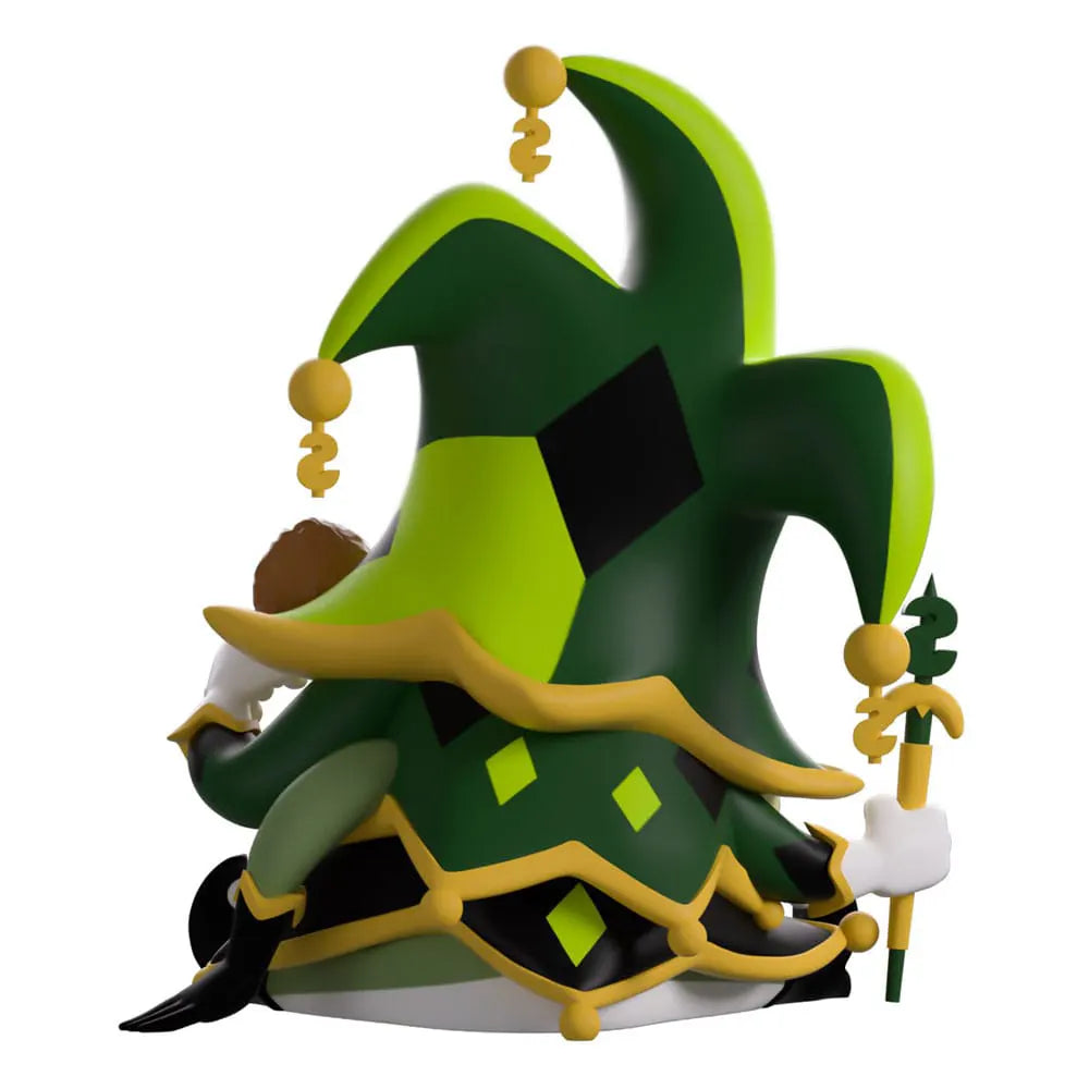 Back view of Mammon figure highlighting his dollar sign hat tassels and robe details.