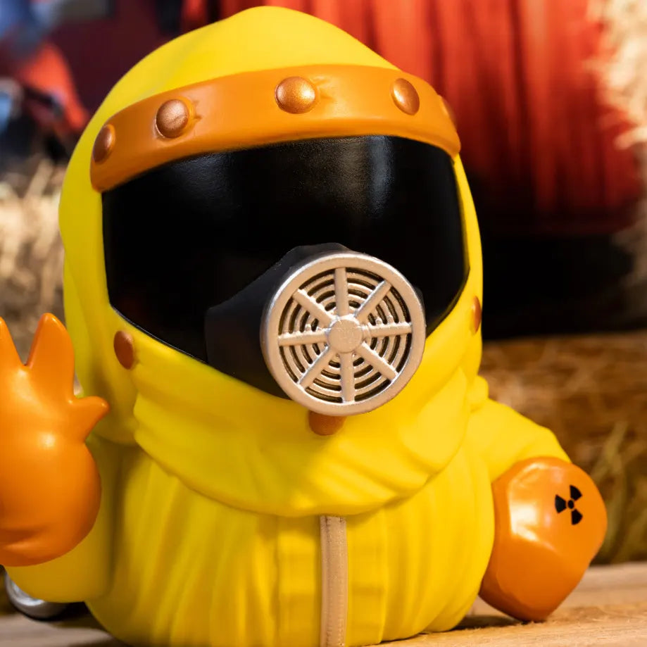 Detailed shot of duck Marty’s radiation suit and hair