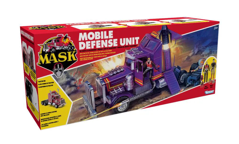 Box packaging of M.A.S.K. Mobile Defense Unit toy set showing artwork and included figures