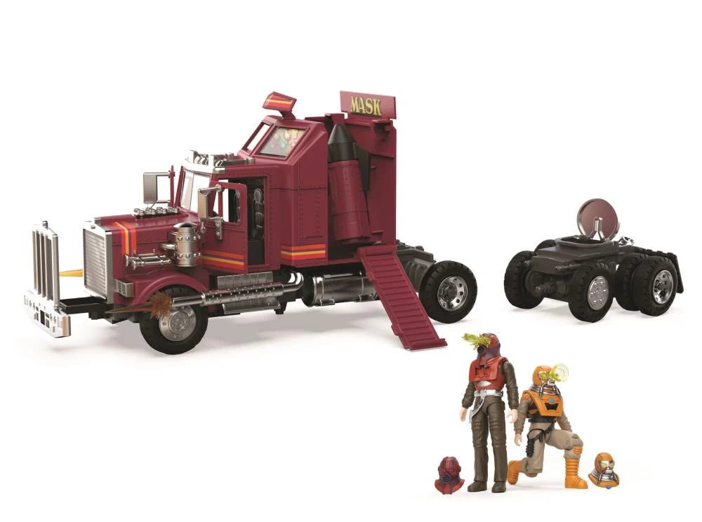 M.A.S.K. Mobile Defense Unit truck with missile platform, Matt Trakker and Bruce Sato action figures, and masks displayed