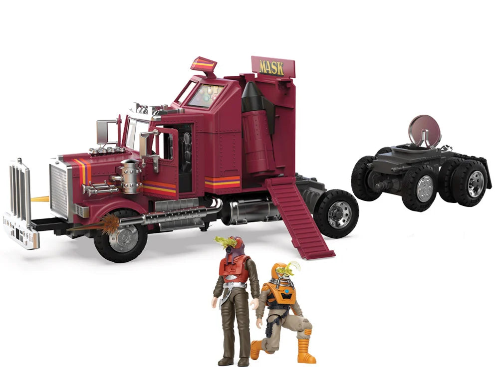 M.A.S.K. Mobile Defense Unit with open ramp and Recon Rover, Matt Trakker and Bruce Sato figures standing beside it