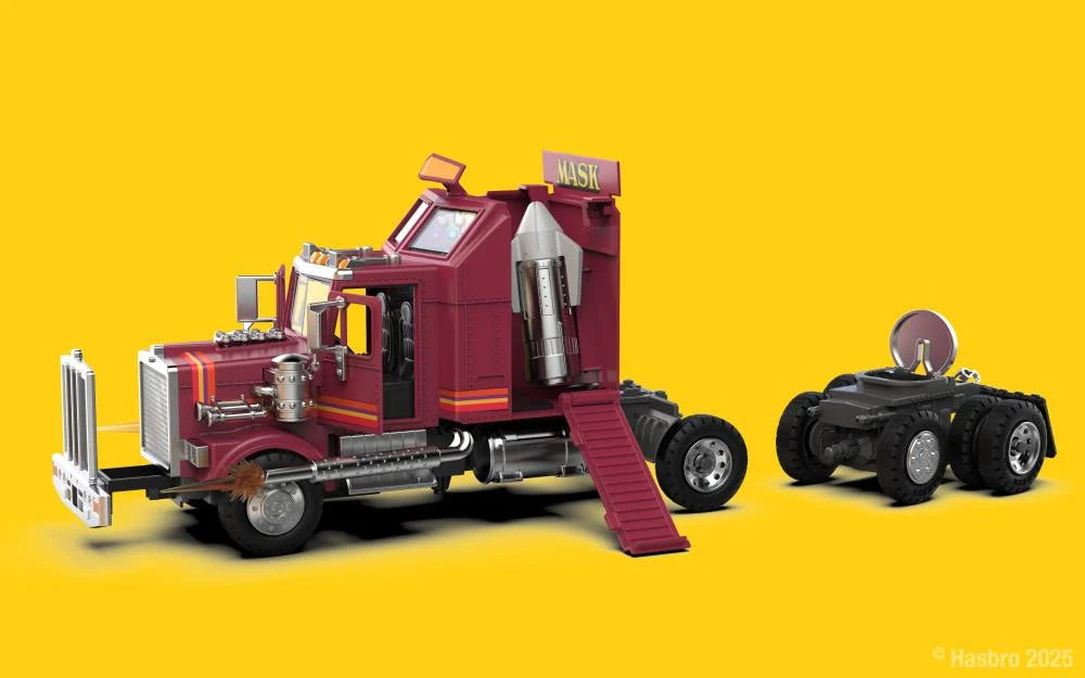 Side view of M.A.S.K. Mobile Defense Unit vehicle with Recon Rover on bright yellow background