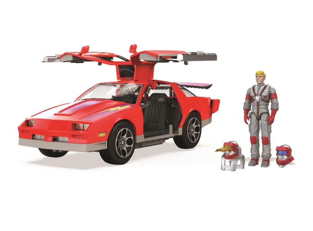 M.A.S.K. Thunderhawk vehicle in flight mode with Matt Trakker figure and mask accessories displayed