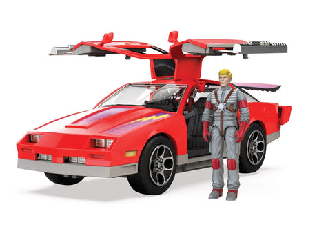 Thunderhawk red sports car with gull-wing doors open, shown with Matt Trakker action figure and accessories