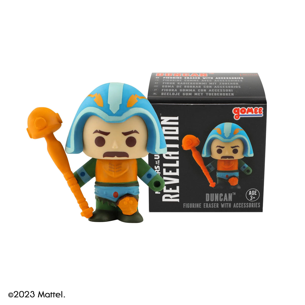Duncan Masters of the Universe Gomee mini figure eraser with orange weapon and box.