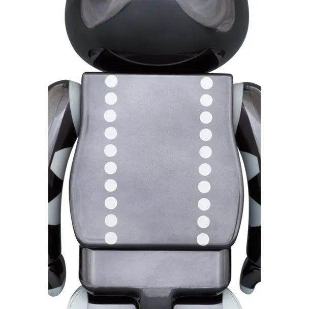 Back view of Medicom Toy Bearbrick 1000% KISS Demon (Chrome Edition) highlighting the chrome outfit details.