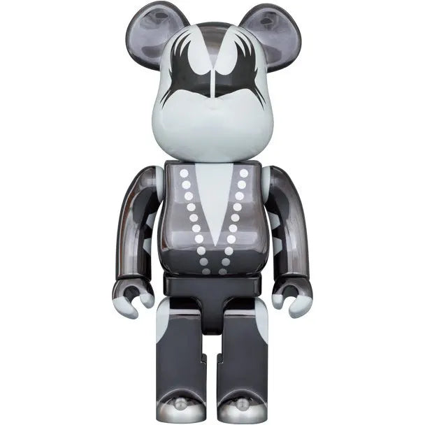 Front view of Medicom Toy Bearbrick 1000% KISS Demon (Chrome Edition) showing Gene Simmons’ iconic face paint and chrome finish.