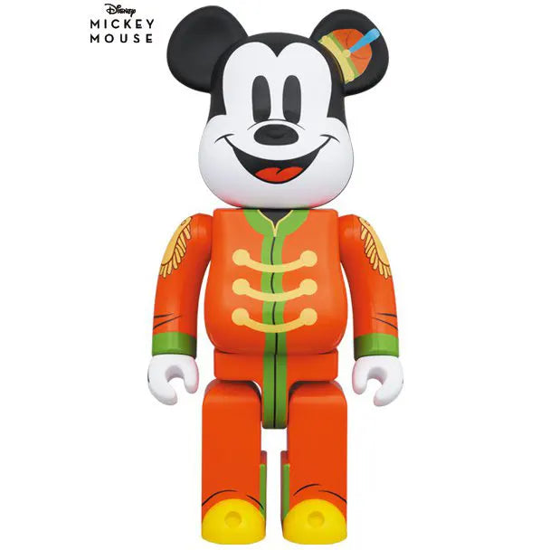 Front view of Medicom Toy Bearbrick 1000% Mickey Mouse The Band Concert edition in conductor outfit with hat printed on ear.