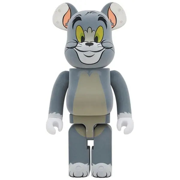 Front view of Medicom Toy Bearbrick 1000% Tom Flocky Edition from Tom & Jerry with flocked gray and white fur finish.