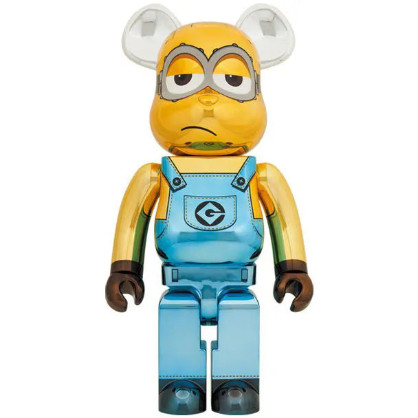 Front view of Medicom Toy Bearbrick 1000% Minion Kevin Chrome Edition with shiny chrome overalls and goggles.
