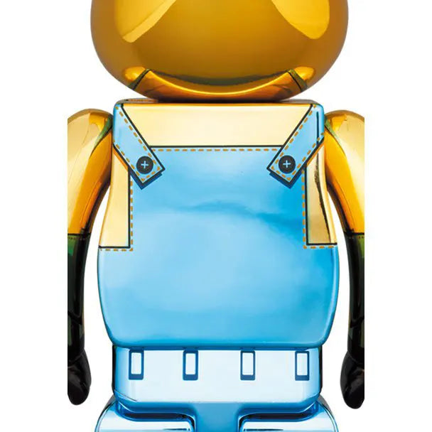 Back view of Medicom Toy Bearbrick 1000% Minion Kevin Chrome Edition showcasing chrome overalls and golden finish.