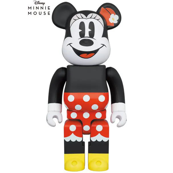Front view of Medicom Toy Bearbrick 1000% Minnie Mouse (Walt Disney) collectible designer toy in red polka dot dress and yellow shoes
