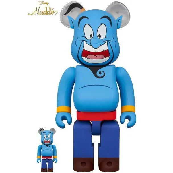 Front view of Medicom Toy Bearbrick 400% & 100% set featuring Genie from Disney’s Aladdin, showing detailed blue design and mischievous expression.