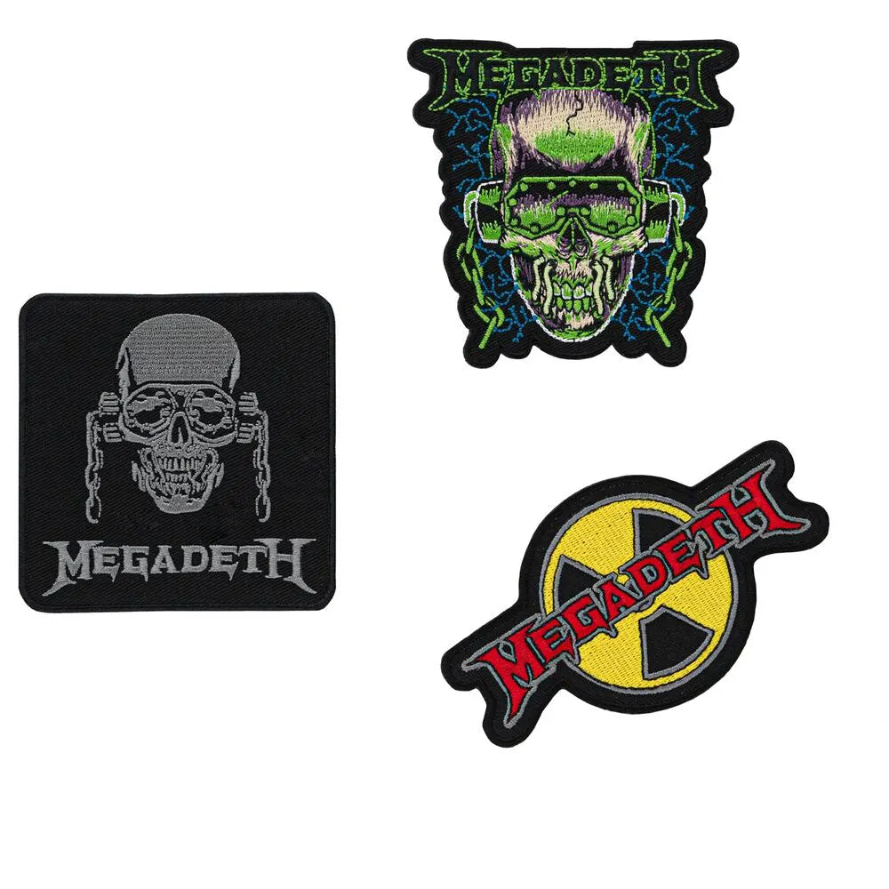 Three Megadeth embroidered patches featuring Vic Rattlehead skull, radioactive logo, and band name