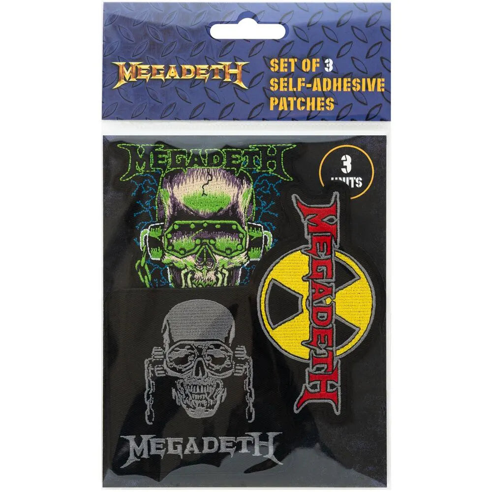 Official Megadeth patch set packaging with three embroidered designs