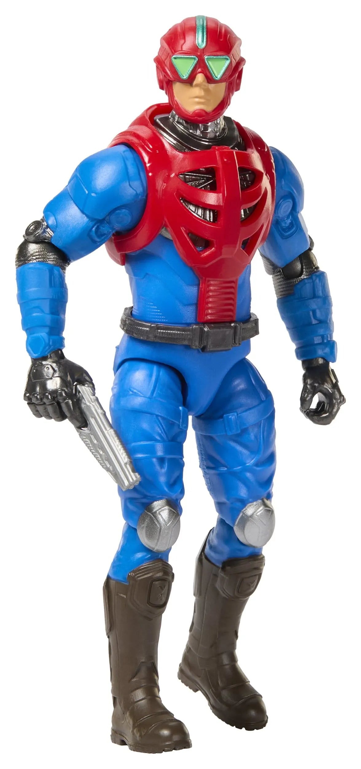 Close-up of Mekaneck action figure holding blaster with movie-inspired armor details