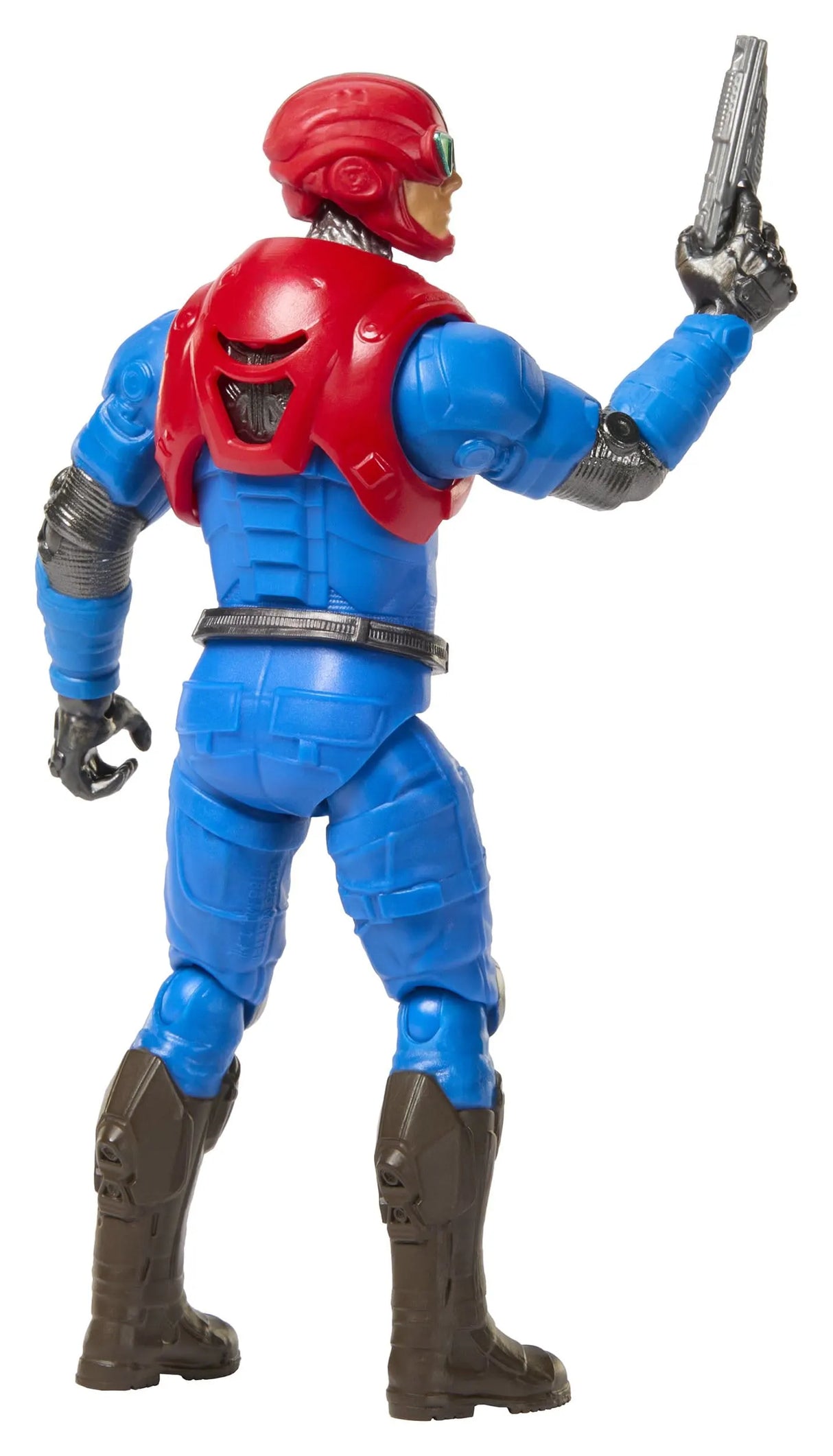 Rear view of Mekaneck 2026 movie action figure holding blaster accessory