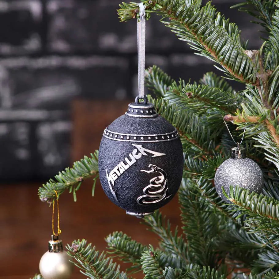 Metallica Black Album ornament displayed on a Christmas tree