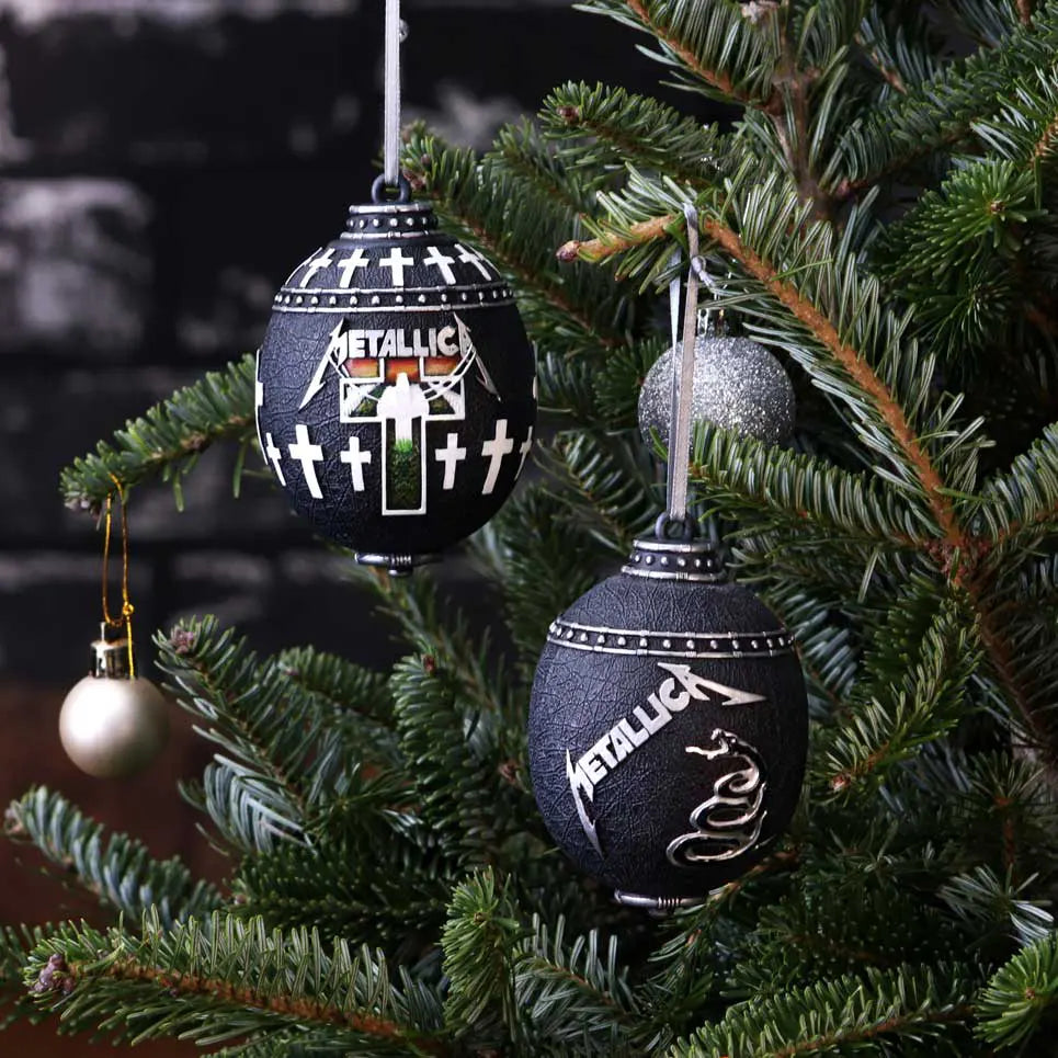 Metallica Black Album ornament displayed on a Christmas tree