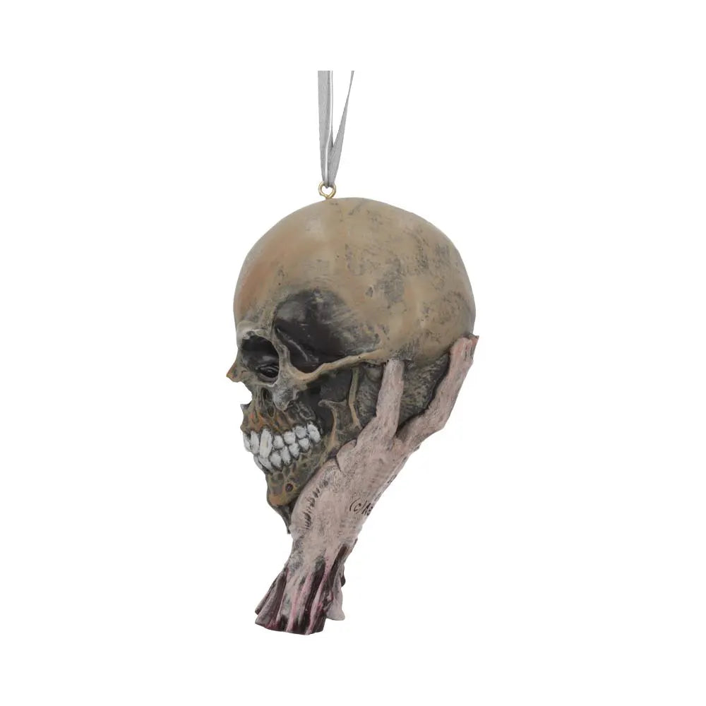 Rear angled view of the Metallica skull Christmas ornament