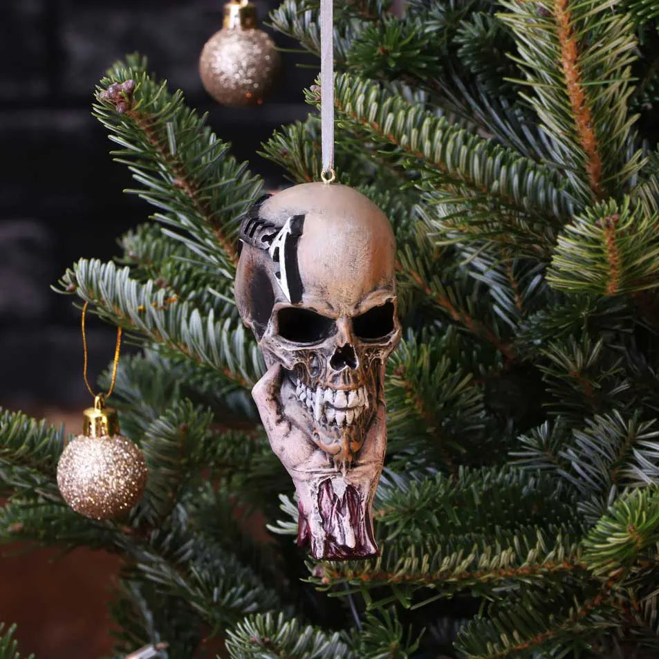 Front view of the Metallica Sad But True ornament hanging on a Christmas tree