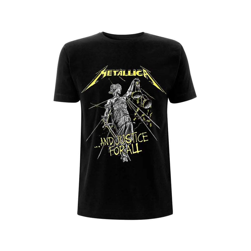 Front of the officially licensed Metallica t-shirt featuring Lady Justice and the text "...And Justice For All" in a distressed yellow graphic.