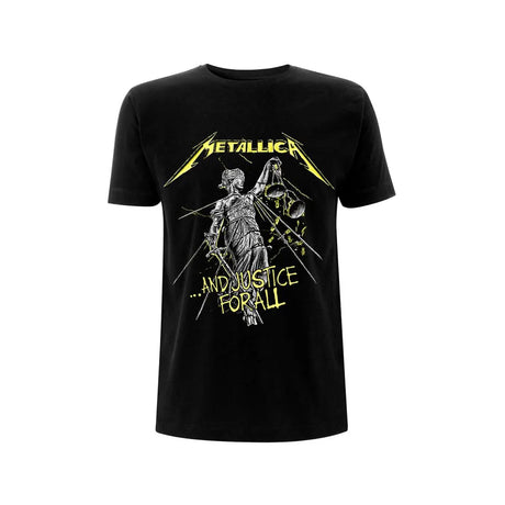Front of the officially licensed Metallica t-shirt featuring Lady Justice and the text "...And Justice For All" in a distressed yellow graphic.