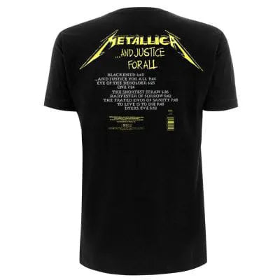 Back of the Metallica t-shirt with yellow album tracklist from "...And Justice For All" on black cotton fabric.