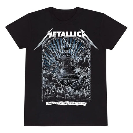 Black Metallica t-shirt with thunderous bell artwork and lightning-filled design.