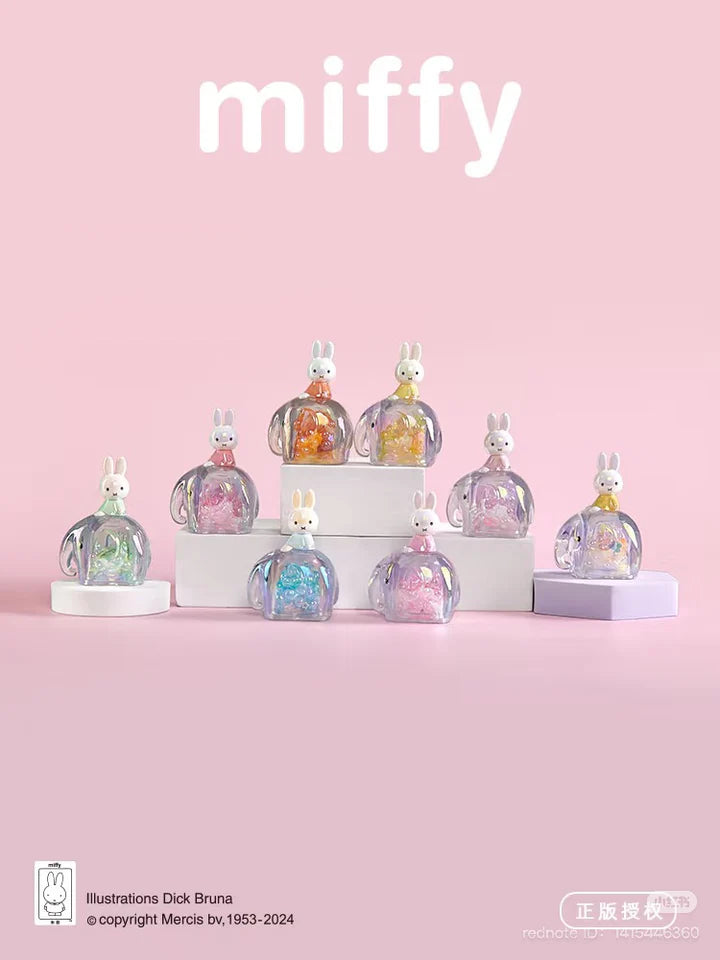 Full lineup of Miffy Elephant Series Blind Box collectible figures featuring pastel-colored translucent elephant companions