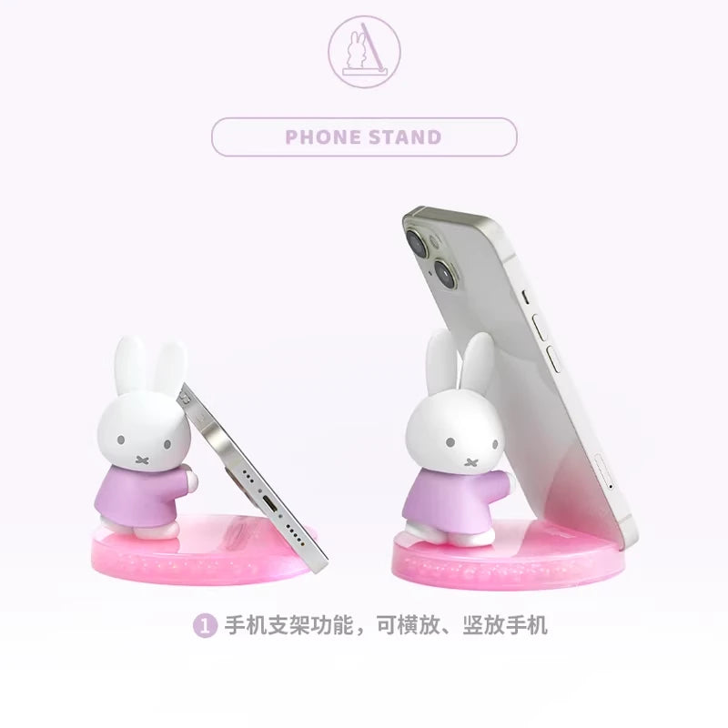 Purple Miffy Pearlescence Phone Stand demonstrating portrait and landscape phone support positions