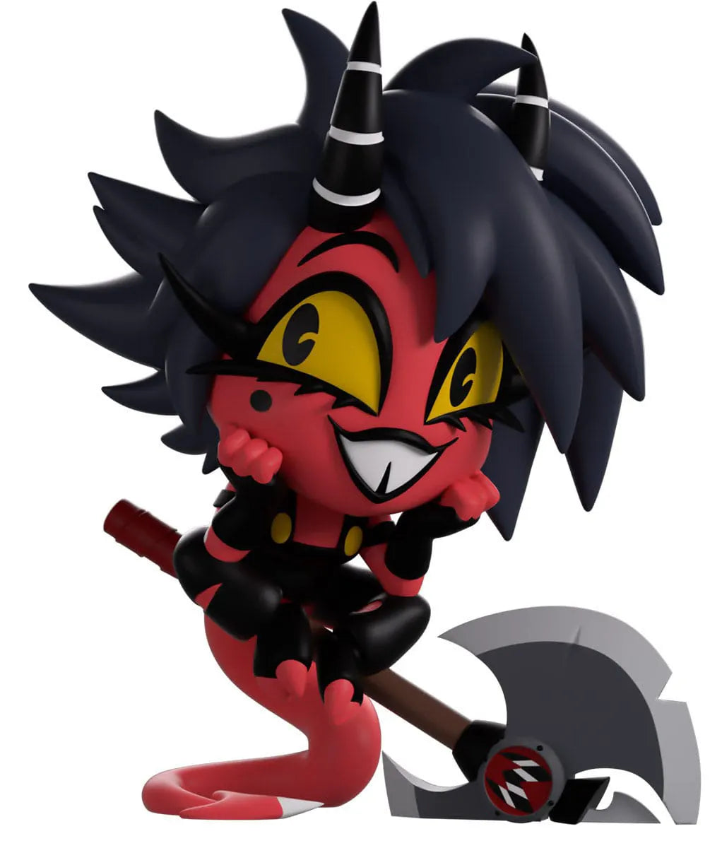 Millie Youtooz vinyl figure from Helluva Boss posed on axe handle with smiling expression