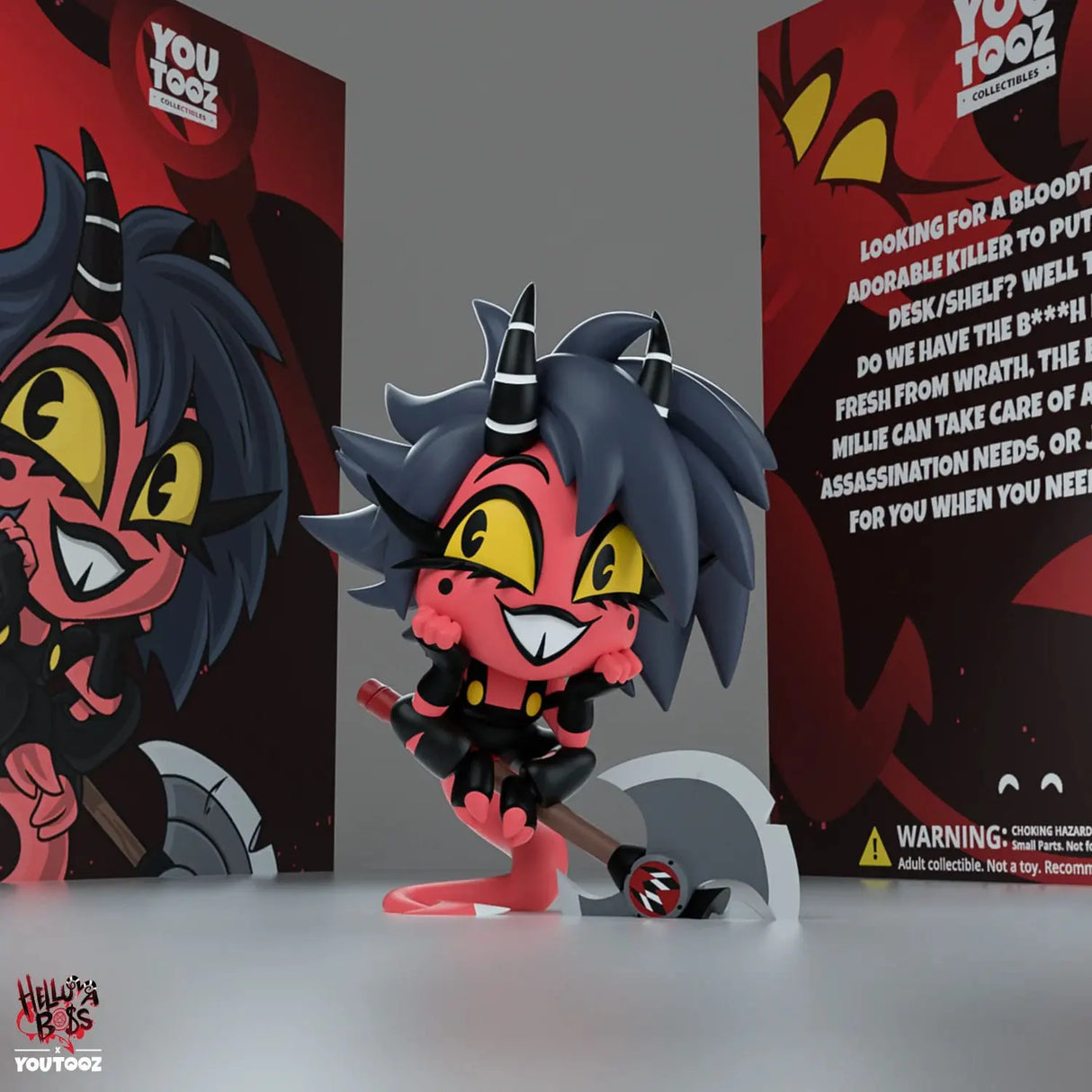 Close-up of Millie Youtooz figure showcasing horned hairstyle and expressive face
