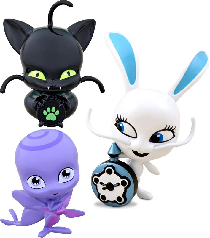 Plagg, Fluff, and Nooroo Kwami figures from Miraculous blind boxes