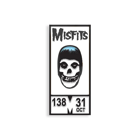 Black and white Misfits enamel lapel pin featuring skull and “138” design