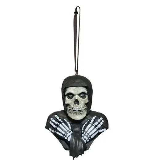 Misfits Fiend Hanging Tree Ornament by Trick or Treat Studios featuring hooded skull and crossed skeletal hands, front view