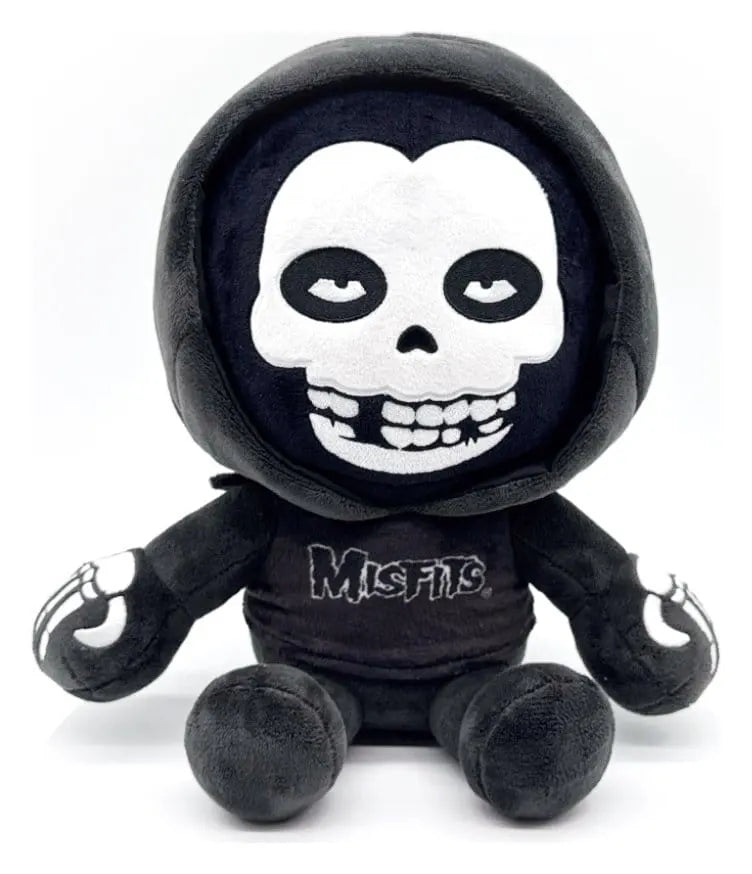 Front view of the official Youtooz Misfits Plush Figure with black hood, embroidered Misfits logo, and iconic Fiend skull face.