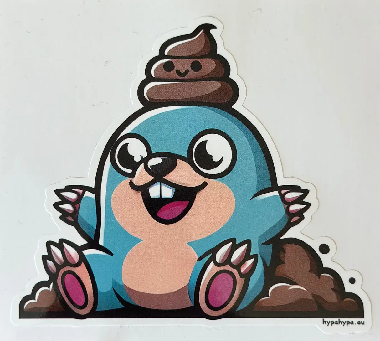 The Mole with a Poo On It's Head vinyl sticker featuring a happy cartoon mole with a poo hat.