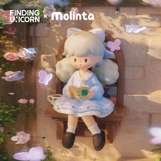 Molinta reading figure sitting by a window surrounded by flowers and butterflies