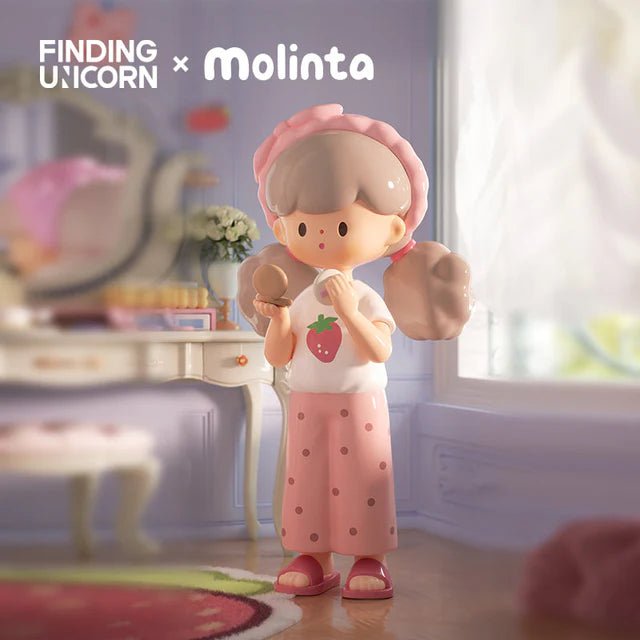 Molinta strawberry-themed figure enjoying a peaceful morning indoors