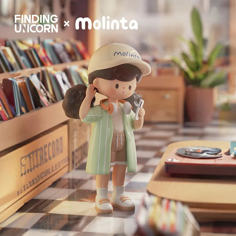 Molinta Spring City Wandering blind box figure holding headphones in a record shop scene.