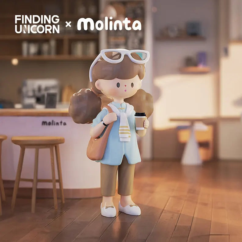 Molinta Spring City Wandering figure with sunglasses and coffee in a modern café.