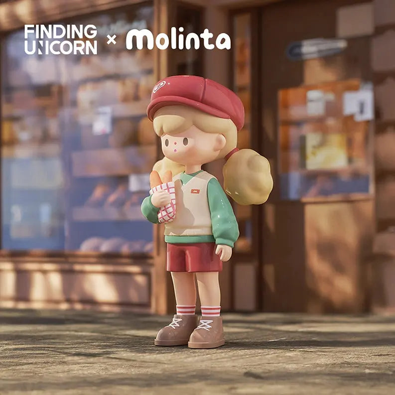 Molinta figure wearing red cap and shorts holding fresh baguettes in front of bakery.