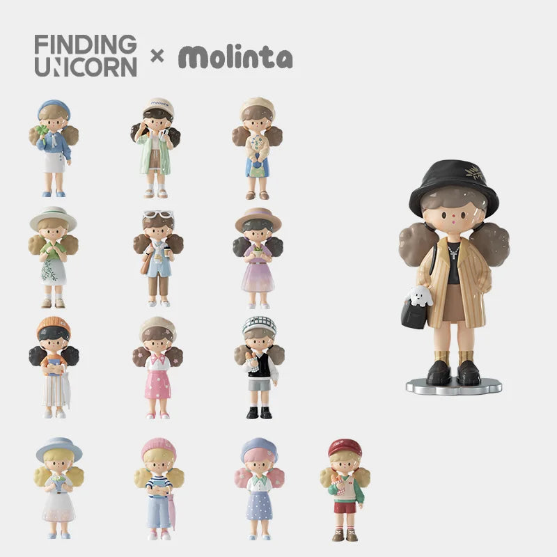 Full display of Molinta Spring City Wandering blind box figures in detailed city diorama.
