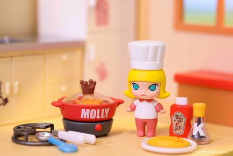 Molly chef figure with red cooking pot labeled “Molly” surrounded by utensils and condiments